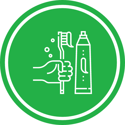 Cartoon icon of hand holding toothbrush next to toothpaste