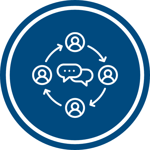 Cartoon icon of group of people in circle with speech bubble in the middle