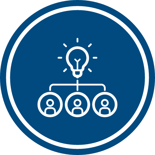 Cartoon icon with lightbulb and three people below